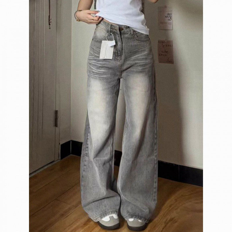 Retro Washed Worn Jeans Women's Straight Loose-fitting Wide-leg Trousers