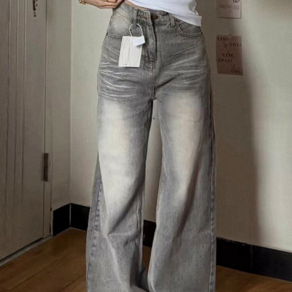 Retro Washed Worn Jeans Women's Straight Loose-fitting Wide-leg Trousers