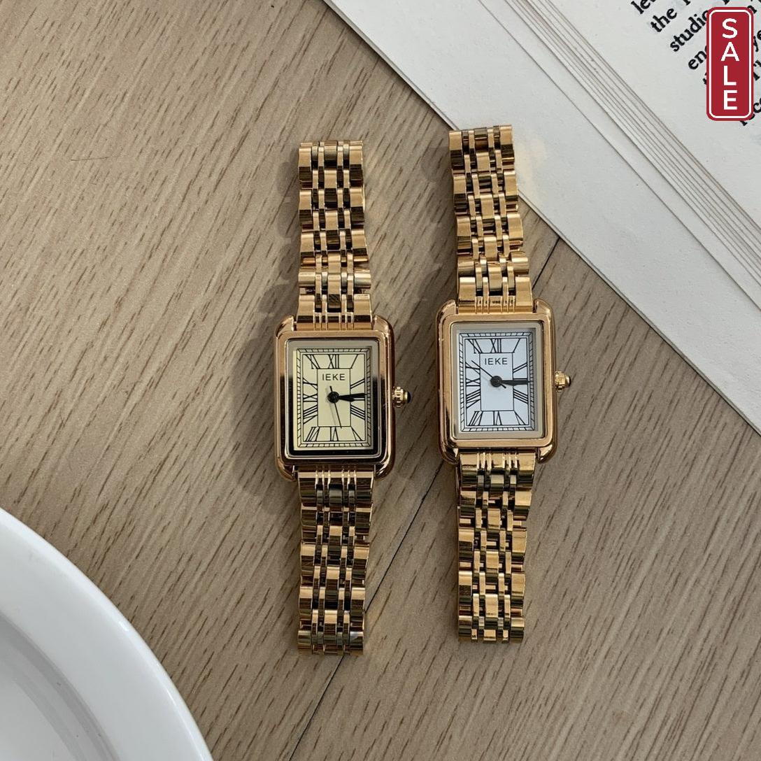 Retro Square Roman Scale Gold Steel Belt Quartz Watch