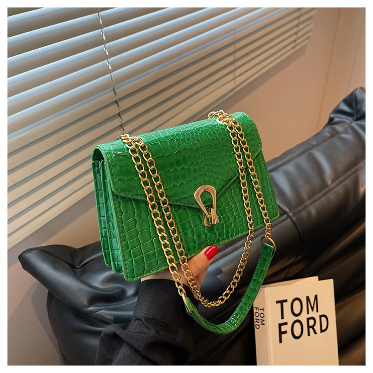 Womens Solid-Color Versatile Crocodile-Print Chain Crossbody Bag