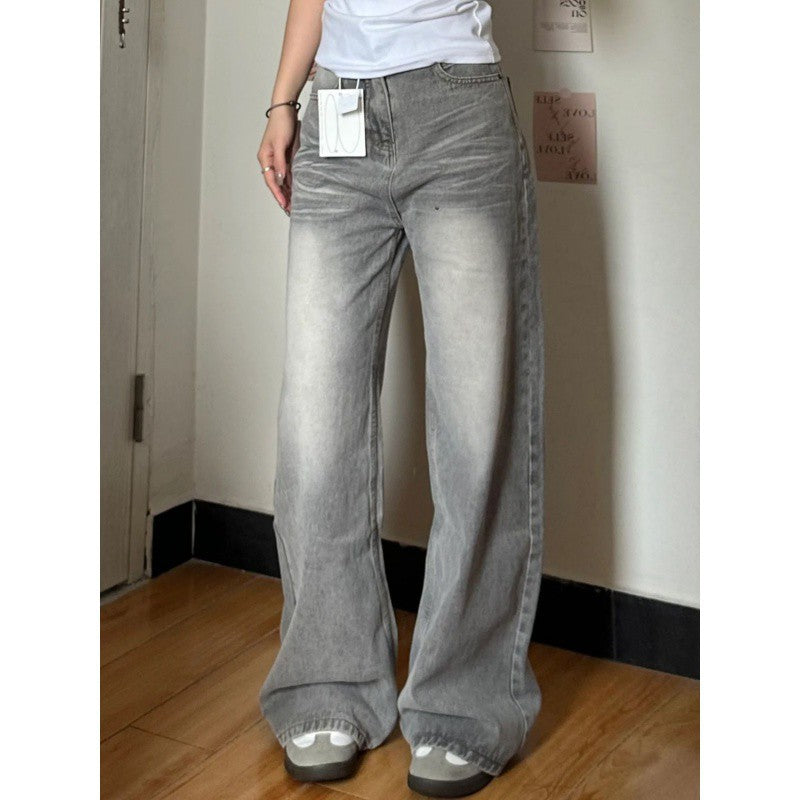 Retro Washed Worn Jeans Women's Straight Loose-fitting Wide-leg Trousers