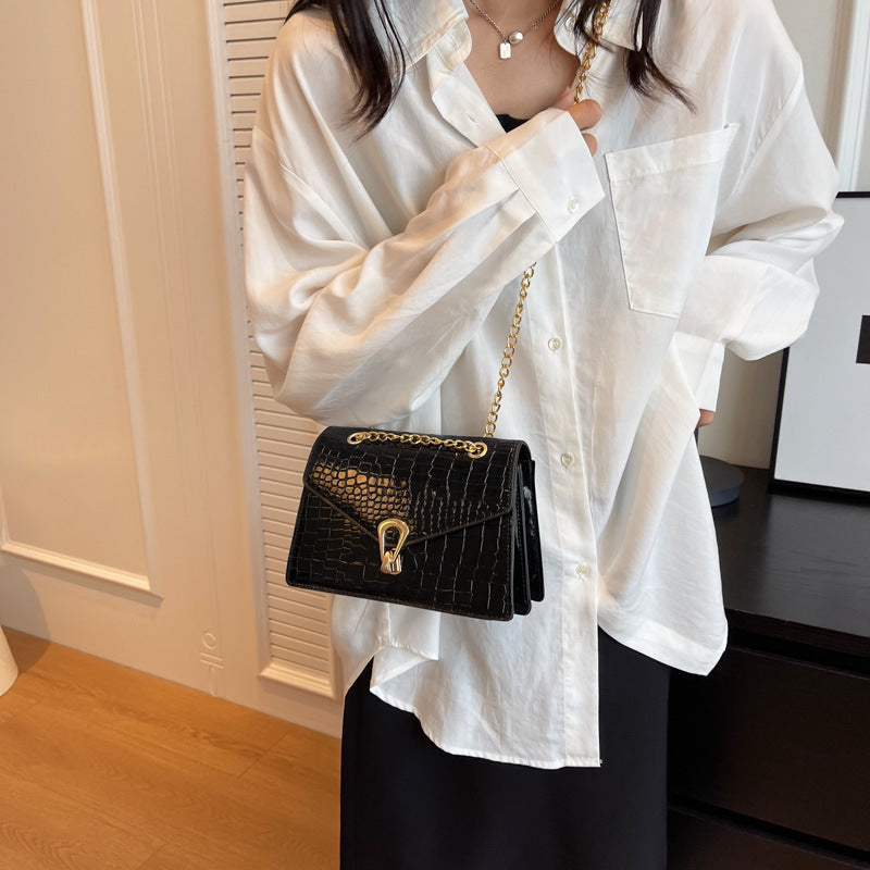 Womens Solid-Color Versatile Crocodile-Print Chain Crossbody Bag