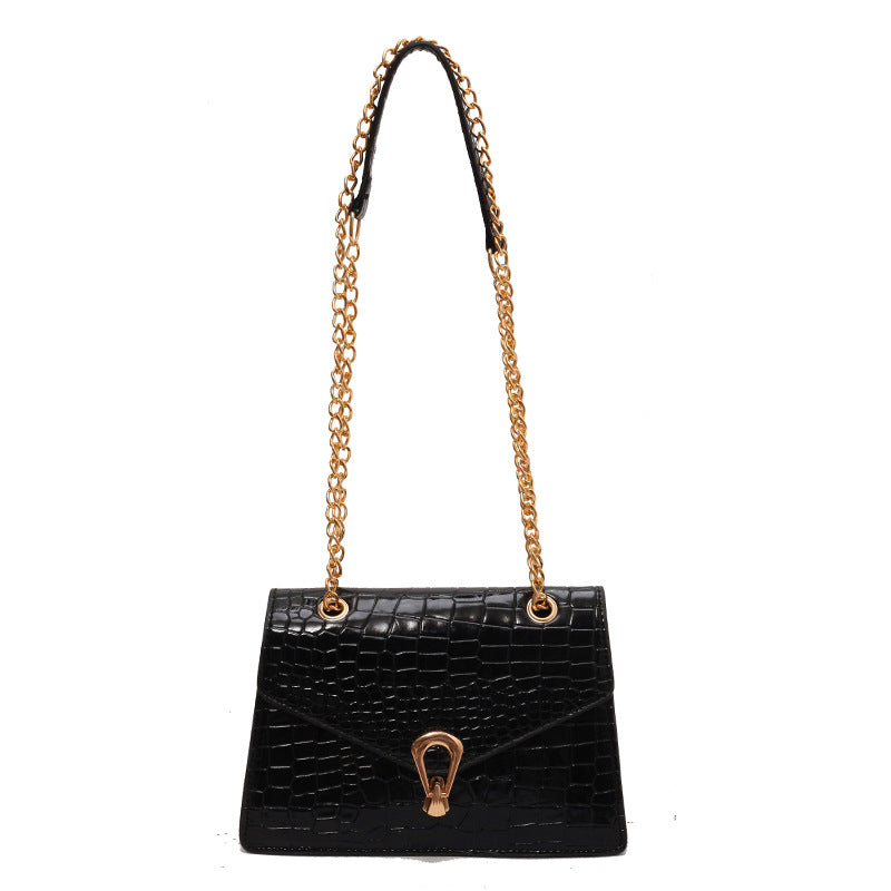 Womens Solid-Color Versatile Crocodile-Print Chain Crossbody Bag