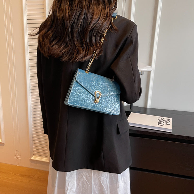 Womens Solid-Color Versatile Crocodile-Print Chain Crossbody Bag