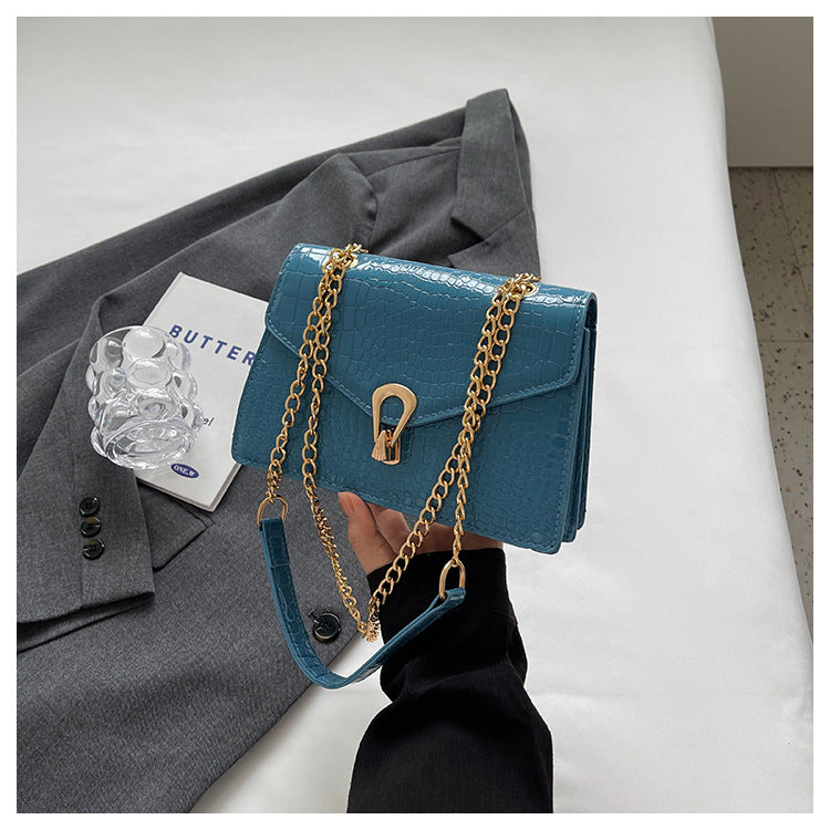 Womens Solid-Color Versatile Crocodile-Print Chain Crossbody Bag
