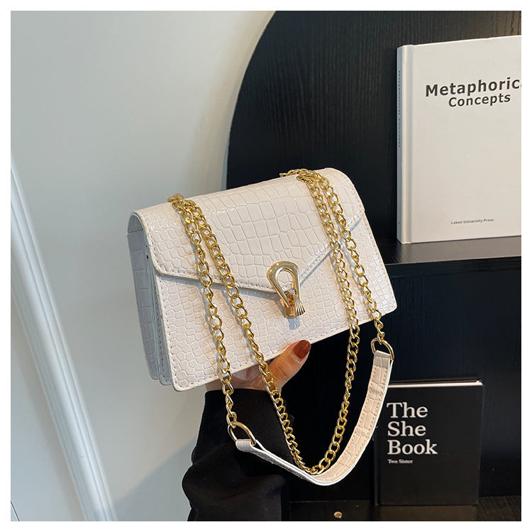 Womens Solid-Color Versatile Crocodile-Print Chain Crossbody Bag