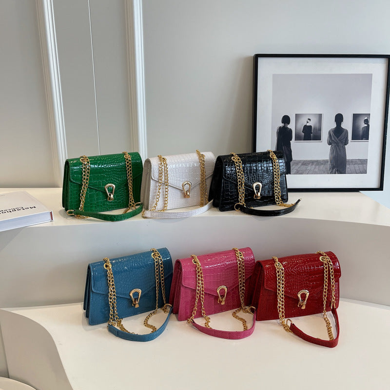 Womens Solid-Color Versatile Crocodile-Print Chain Crossbody Bag