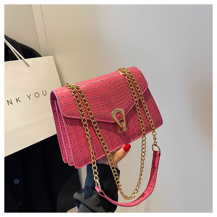 Womens Solid-Color Versatile Crocodile-Print Chain Crossbody Bag